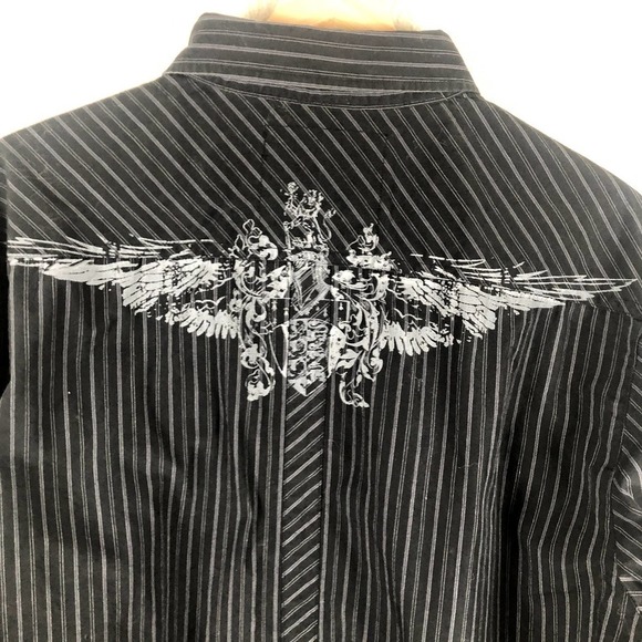 𝅺source DNM Shirt Black Gray Striped Embroidered Graphic Button Up Size Large - Picture 7 of 12